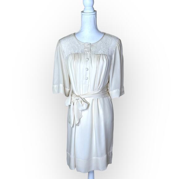 Walter Baker NWT Silk Lace Shirt Dress L Cream 100% Silk Tie Waist Short Sleeve - Picture 1 of 15